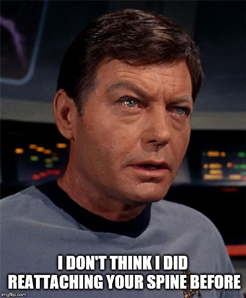 Bones McCoy | I DON'T THINK I DID REATTACHING YOUR SPINE BEFORE | image tagged in bones mccoy | made w/ Imgflip meme maker