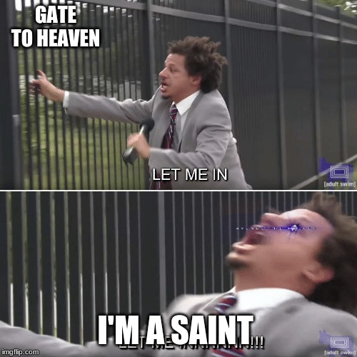 Eric Andre Let me In Meme | GATE TO HEAVEN; I'M A SAINT | image tagged in eric andre let me in meme | made w/ Imgflip meme maker