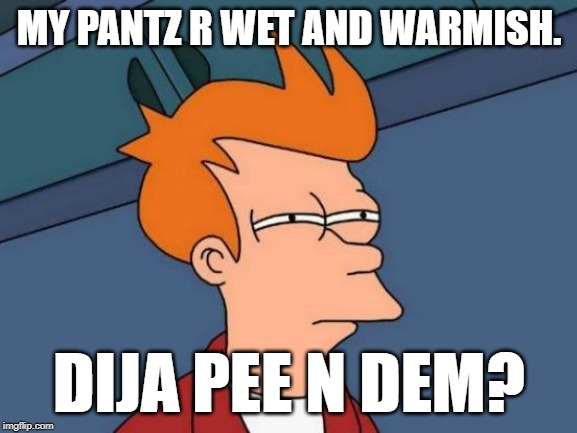 Futurama Fry | MY PANTZ R WET AND WARMISH. DIJA PEE N DEM? | image tagged in memes,futurama fry | made w/ Imgflip meme maker