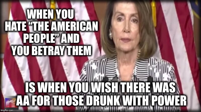 DRUNK  POWER PIGLOSI | WHEN YOU HATE “THE AMERICAN PEOPLE” AND YOU BETRAY THEM; IS WHEN YOU WISH THERE WAS AA FOR THOSE DRUNK WITH POWER | image tagged in nancy,pelosi,treasonous,demonrats | made w/ Imgflip meme maker