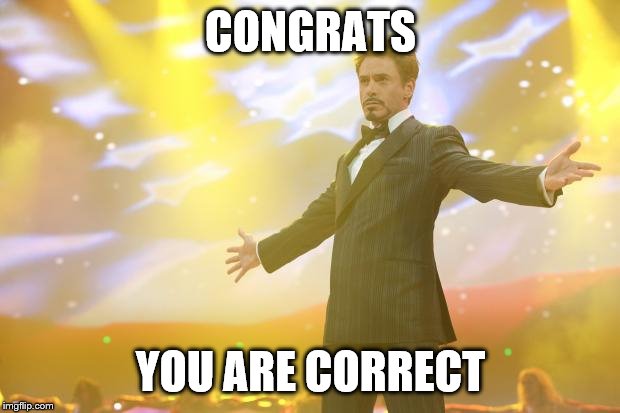 Tony Stark success | CONGRATS YOU ARE CORRECT | image tagged in tony stark success | made w/ Imgflip meme maker