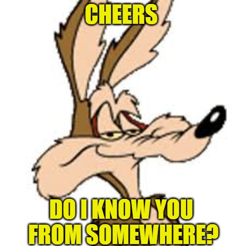 Wile E Coyote | CHEERS DO I KNOW YOU FROM SOMEWHERE? | image tagged in wile e coyote | made w/ Imgflip meme maker