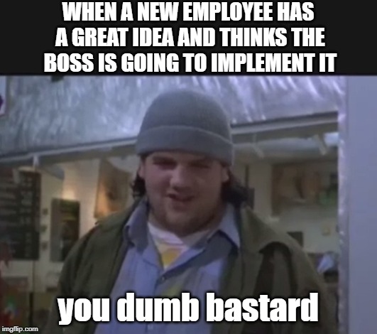 dumb coworker | WHEN A NEW EMPLOYEE HAS A GREAT IDEA AND THINKS THE BOSS IS GOING TO IMPLEMENT IT; you dumb bastard | image tagged in work,boss | made w/ Imgflip meme maker