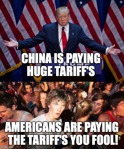 CHINA IS PAYING HUGE TARIFF'S; AMERICANS ARE PAYING THE TARIFF'S YOU FOOL! | image tagged in memes,sudden clarity clarence,donald trump | made w/ Imgflip meme maker