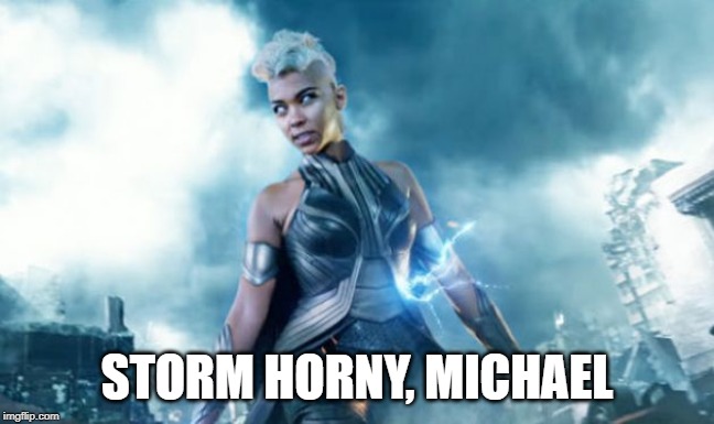 storm x-men | STORM HORNY, MICHAEL | image tagged in storm x-men | made w/ Imgflip meme maker