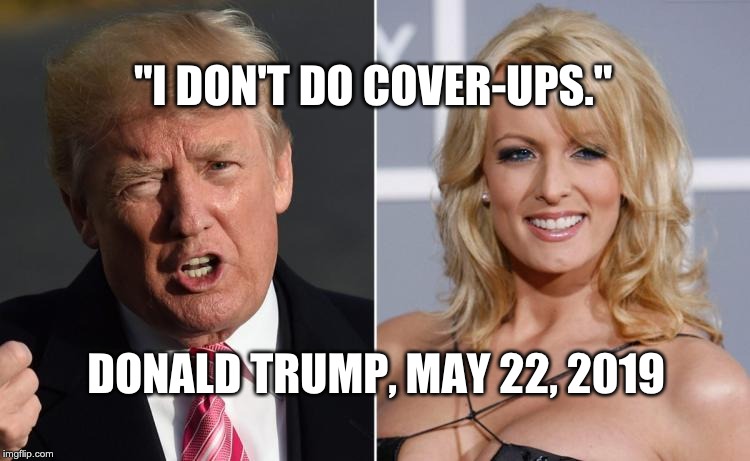 Trump Stormy Daniels | "I DON'T DO COVER-UPS."; DONALD TRUMP, MAY 22, 2019 | image tagged in trump stormy daniels | made w/ Imgflip meme maker