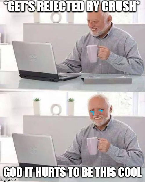 Hide the Pain Harold Meme | *GET'S REJECTED BY CRUSH*; GOD IT HURTS TO BE THIS COOL | image tagged in memes,hide the pain harold | made w/ Imgflip meme maker
