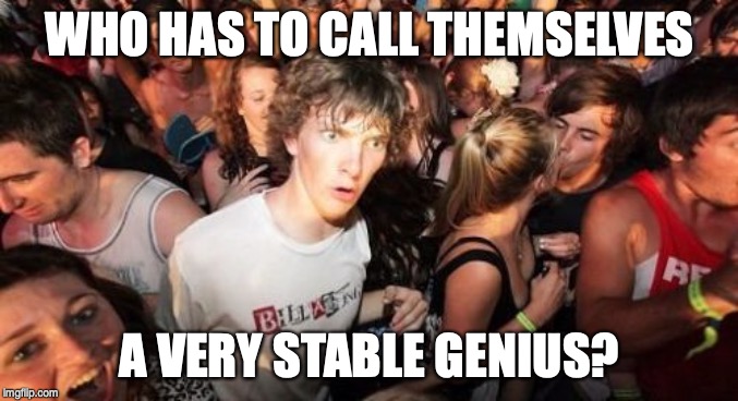 Sudden Clarity Clarence | WHO HAS TO CALL THEMSELVES; A VERY STABLE GENIUS? | image tagged in memes,sudden clarity clarence | made w/ Imgflip meme maker