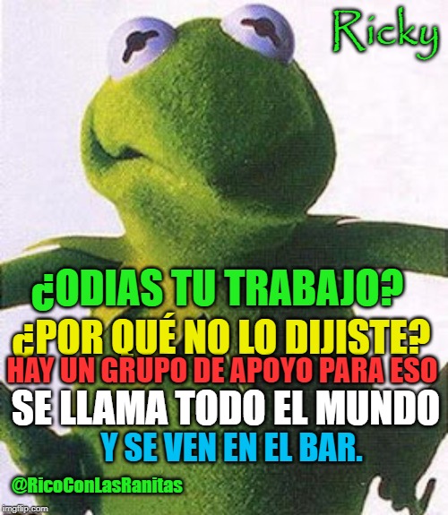 Angry Kermit | Ricky; ¿ODIAS TU TRABAJO? ¿POR QUÉ NO LO DIJISTE? HAY UN GRUPO DE APOYO PARA ESO; SE LLAMA TODO EL MUNDO; Y SE VEN EN EL BAR. @RicoConLasRanitas | image tagged in angry kermit | made w/ Imgflip meme maker