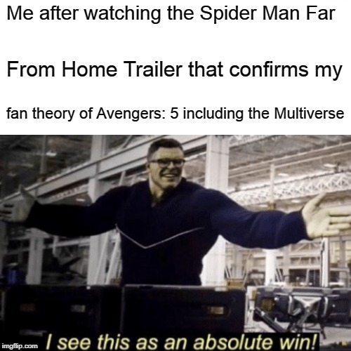 I see this as an absolute win | Me after watching the Spider Man Far; From Home Trailer that confirms my; fan theory of Avengers: 5 including the Multiverse | image tagged in yeet | made w/ Imgflip meme maker