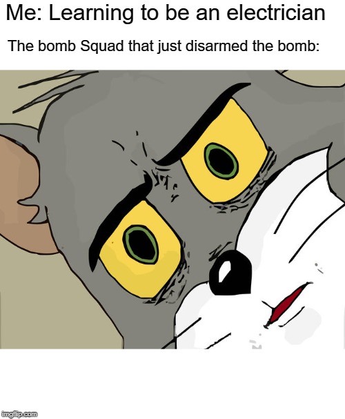 Unsettled Tom | Me: Learning to be an electrician; The bomb Squad that just disarmed the bomb: | image tagged in memes,unsettled tom | made w/ Imgflip meme maker