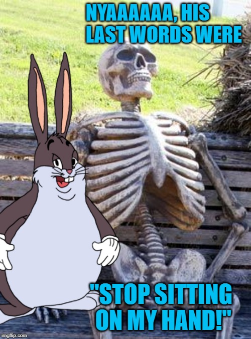 Death by Chungus | NYAAAAAA, HIS LAST WORDS WERE; "STOP SITTING ON MY HAND!" | image tagged in memes,big chungus,waiting skeleton,last words | made w/ Imgflip meme maker