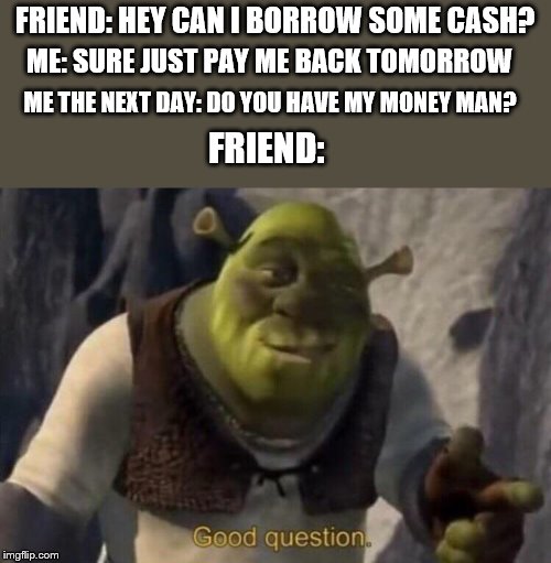 Shrek good question | FRIEND: HEY CAN I BORROW SOME CASH? ME: SURE JUST PAY ME BACK TOMORROW; ME THE NEXT DAY: DO YOU HAVE MY MONEY MAN? FRIEND: | image tagged in shrek good question | made w/ Imgflip meme maker