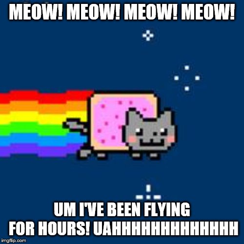 Nyan Cat is tired! | MEOW! MEOW! MEOW! MEOW! UM I'VE BEEN FLYING FOR HOURS! UAHHHHHHHHHHHHH | image tagged in nyan cat | made w/ Imgflip meme maker