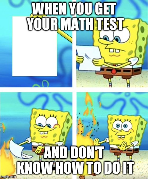 Spongebob Burning Paper | WHEN YOU GET YOUR MATH TEST; AND DON'T KNOW HOW TO DO IT | image tagged in spongebob burning paper | made w/ Imgflip meme maker