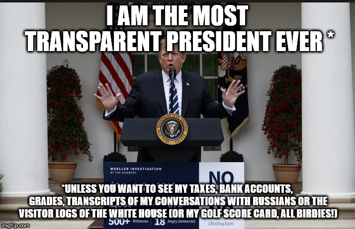 Trump Publicity Stunt | I AM THE MOST TRANSPARENT PRESIDENT EVER *; *UNLESS YOU WANT TO SEE MY TAXES, BANK ACCOUNTS, GRADES, TRANSCRIPTS OF MY CONVERSATIONS WITH RUSSIANS OR THE VISITOR LOGS OF THE WHITE HOUSE (OR MY GOLF SCORE CARD, ALL BIRDIES!) | image tagged in trump publicity stunt | made w/ Imgflip meme maker