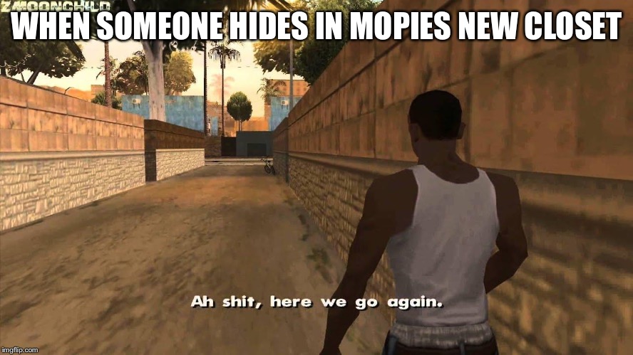 Here we go again | WHEN SOMEONE HIDES IN MOPIES NEW CLOSET | image tagged in here we go again | made w/ Imgflip meme maker