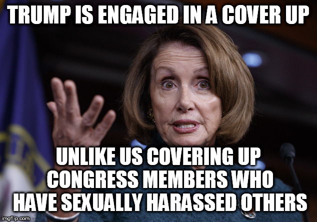 Good old Nancy Pelosi | TRUMP IS ENGAGED IN A COVER UP; UNLIKE US COVERING UP CONGRESS MEMBERS WHO HAVE SEXUALLY HARASSED OTHERS | image tagged in good old nancy pelosi | made w/ Imgflip meme maker