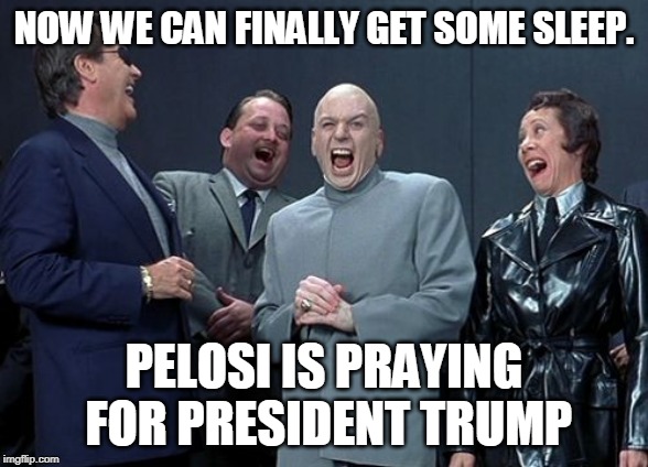 Pelosi Prays for Trump | NOW WE CAN FINALLY GET SOME SLEEP. PELOSI IS PRAYING FOR PRESIDENT TRUMP | image tagged in memes,laughing villains,donald trump,nancy pelosi is crazy,trump 2020,libtards | made w/ Imgflip meme maker