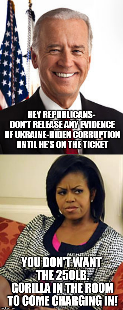 HEY REPUBLICANS- DON'T RELEASE ANY EVIDENCE OF UKRAINE-BIDEN CORRUPTION UNTIL HE'S ON THE TICKET; YOU DON'T WANT THE 250LB. GORILLA IN THE ROOM TO COME CHARGING IN! | image tagged in memes,joe biden,michelle obama is not pleased | made w/ Imgflip meme maker