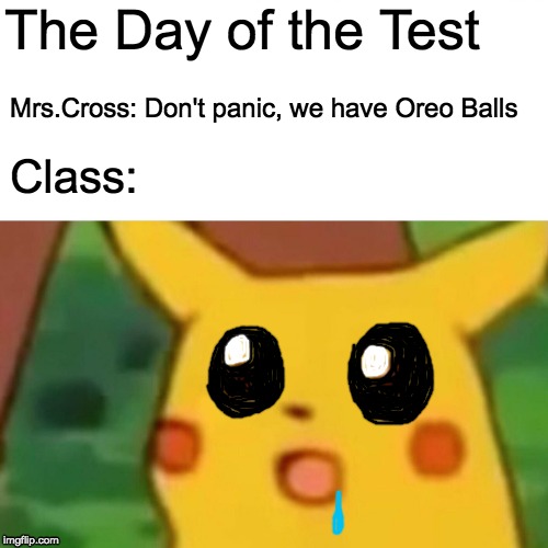 Surprised Pikachu Meme | The Day of the Test; Mrs.Cross: Don't panic, we have Oreo Balls; Class: | image tagged in memes,surprised pikachu | made w/ Imgflip meme maker