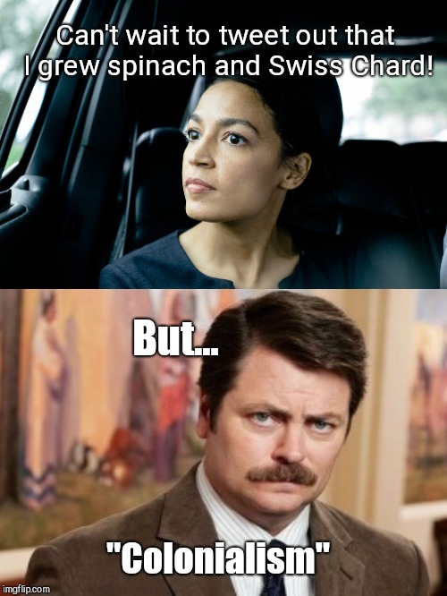 Because they're "native"? | Can't wait to tweet out that I grew spinach and Swiss Chard! But... "Colonialism" | image tagged in alexandria ocasio-cortez,ron swanson,colonialism,bad ole cauliflower | made w/ Imgflip meme maker
