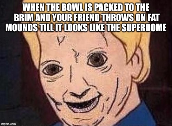Shaggy this isnt weed fred scooby doo | WHEN THE BOWL IS PACKED TO THE BRIM AND YOUR FRIEND THROWS ON FAT MOUNDS TILL IT LOOKS LIKE THE SUPERDOME | image tagged in shaggy this isnt weed fred scooby doo | made w/ Imgflip meme maker