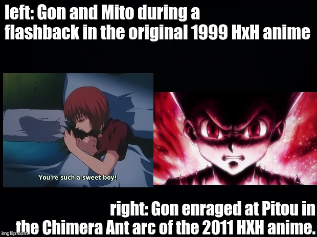 Sad Hunter x Hunter | left: Gon and Mito during a flashback in the original 1999 HxH anime; right: Gon enraged at Pitou in the Chimera Ant arc of the 2011 HXH anime. | image tagged in black background,comparison,anime,hunter x hunter | made w/ Imgflip meme maker