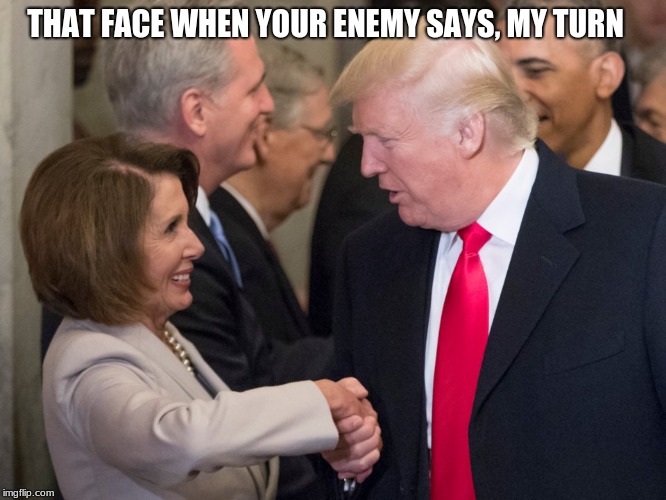 Investigations are great until the focus turns back to you. | THAT FACE WHEN YOUR ENEMY SAYS, MY TURN | image tagged in trump pelosi,investigate democrats,investigate pelosi,payback,maga | made w/ Imgflip meme maker