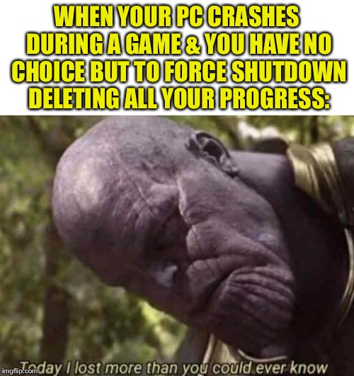WHEN YOUR PC CRASHES DURING A GAME & YOU HAVE NO CHOICE BUT TO FORCE SHUTDOWN DELETING ALL YOUR PROGRESS: | image tagged in blank white template,thanos meme lost verything | made w/ Imgflip meme maker
