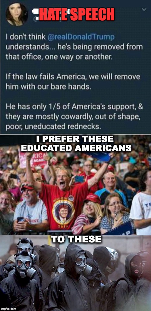 Arrogantly Out Of Touch | HATE SPEECH; I PREFER THESE EDUCATED AMERICANS; TO THESE | image tagged in hate speech,fascism,antifa,arrogance | made w/ Imgflip meme maker