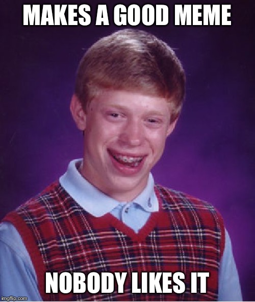 Me | MAKES A GOOD MEME; NOBODY LIKES IT | image tagged in memes,bad luck brian | made w/ Imgflip meme maker