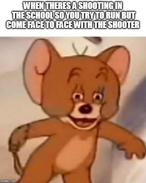 Polish Jerry | WHEN THERES A SHOOTING IN THE SCHOOL SO YOU TRY TO RUN BUT COME FACE TO FACE WITH THE SHOOTER | image tagged in polish jerry | made w/ Imgflip meme maker