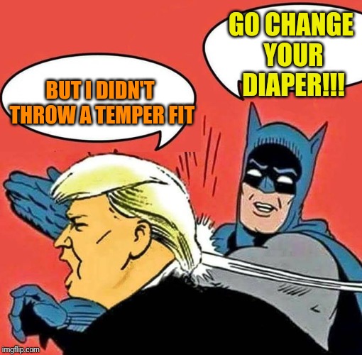 Batman Slapping Trump | GO CHANGE YOUR DIAPER!!! BUT I DIDN'T THROW A TEMPER FIT | image tagged in batman slapping trump | made w/ Imgflip meme maker