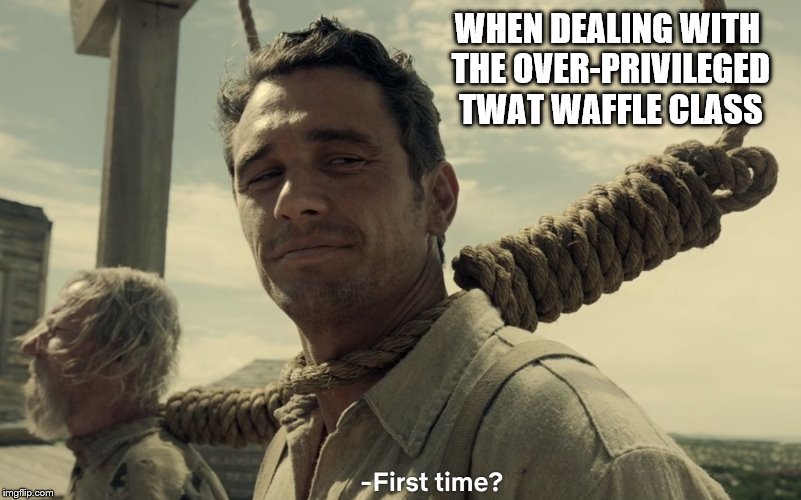 first time | WHEN DEALING WITH THE OVER-PRIVILEGED TWAT WAFFLE CLASS | image tagged in first time | made w/ Imgflip meme maker