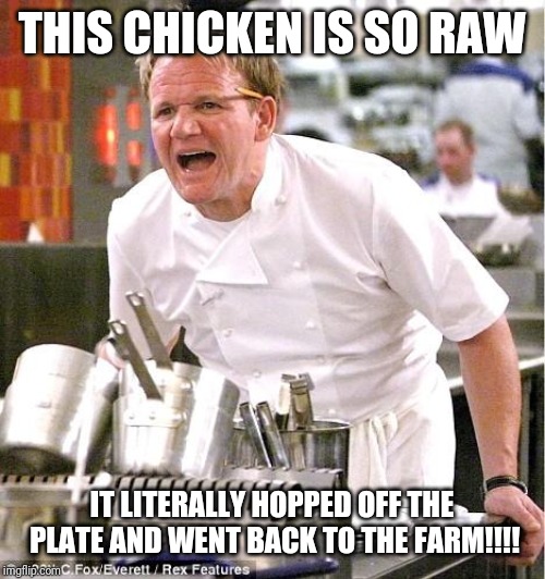 Chef Gordon Ramsay | THIS CHICKEN IS SO RAW; IT LITERALLY HOPPED OFF THE PLATE AND WENT BACK TO THE FARM!!!! | image tagged in memes,chef gordon ramsay | made w/ Imgflip meme maker