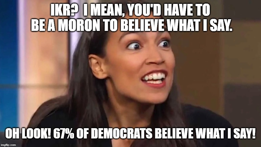 Crazy AOC | IKR?  I MEAN, YOU'D HAVE TO BE A MORON TO BELIEVE WHAT I SAY. OH LOOK! 67% OF DEMOCRATS BELIEVE WHAT I SAY! | image tagged in crazy aoc | made w/ Imgflip meme maker