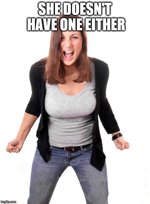 SHE DOESN'T HAVE ONE EITHER | image tagged in angry woman | made w/ Imgflip meme maker