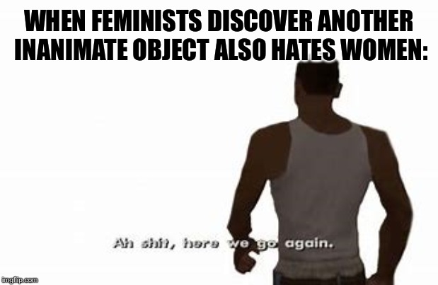 'Ah shit, here we go again' | WHEN FEMINISTS DISCOVER ANOTHER INANIMATE OBJECT ALSO HATES WOMEN: | image tagged in 'ah shit here we go again' | made w/ Imgflip meme maker