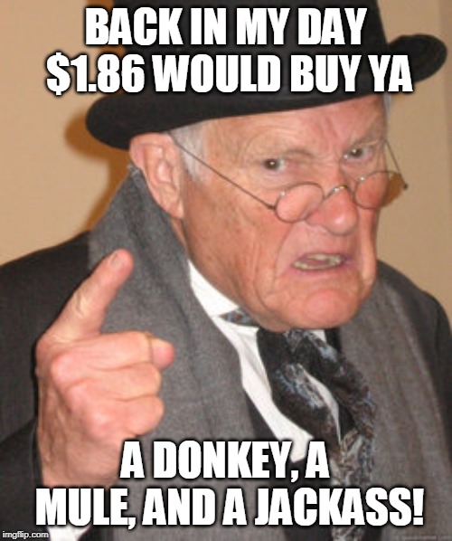 Back In My Day Meme | BACK IN MY DAY $1.86 WOULD BUY YA; A DONKEY, A MULE, AND A JACKASS! | image tagged in memes,back in my day | made w/ Imgflip meme maker