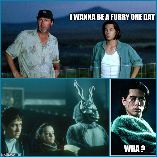 Miguel, if we survive this, what do you want to do with your life? | I WANNA BE A FURRY ONE DAY; WHA ? | image tagged in donnie darko,independence day,sci-fi,furry,bunny | made w/ Imgflip meme maker