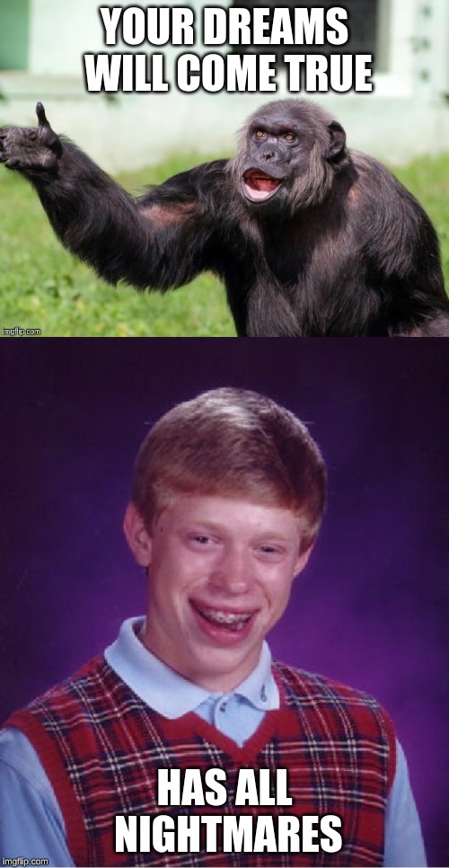 Then your nightmares will come true! | YOUR DREAMS WILL COME TRUE; HAS ALL NIGHTMARES | image tagged in memes,bad luck brian,gorilla your dreams | made w/ Imgflip meme maker