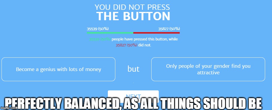 Balanced | PERFECTLY BALANCED, AS ALL THINGS SHOULD BE | image tagged in button,games | made w/ Imgflip meme maker