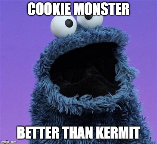 cookie monster | COOKIE MONSTER; BETTER THAN KERMIT | image tagged in cookie monster | made w/ Imgflip meme maker