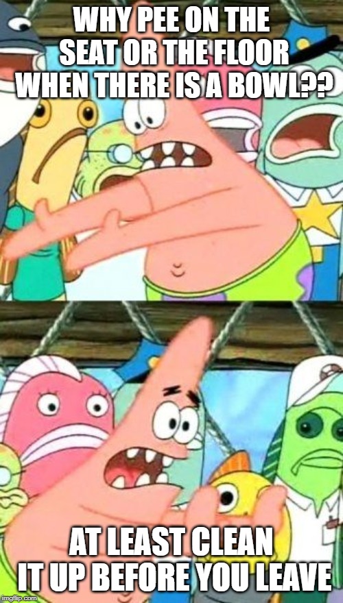 Put It Somewhere Else Patrick Meme | WHY PEE ON THE SEAT OR THE FLOOR WHEN THERE IS A BOWL?? AT LEAST CLEAN IT UP BEFORE YOU LEAVE | image tagged in memes,put it somewhere else patrick | made w/ Imgflip meme maker