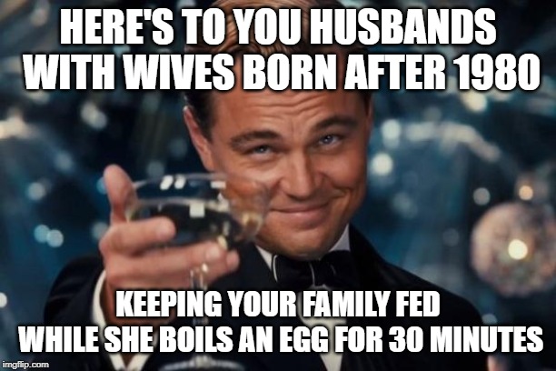 Leonardo Dicaprio Cheers | HERE'S TO YOU HUSBANDS WITH WIVES BORN AFTER 1980; KEEPING YOUR FAMILY FED WHILE SHE BOILS AN EGG FOR 30 MINUTES | image tagged in memes,leonardo dicaprio cheers | made w/ Imgflip meme maker