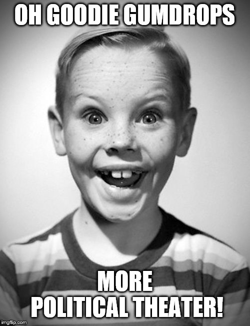 Excited Kid | OH GOODIE GUMDROPS MORE POLITICAL THEATER! | image tagged in excited kid | made w/ Imgflip meme maker