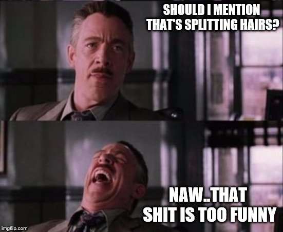 j. jonah jameson | SHOULD I MENTION THAT'S SPLITTING HAIRS? NAW..THAT SHIT IS TOO FUNNY | image tagged in j jonah jameson | made w/ Imgflip meme maker