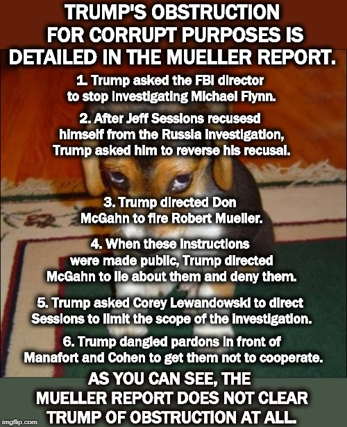 In case you're a bit fuzzy on the particulars, here's a refresher. | TRUMP'S OBSTRUCTION FOR CORRUPT PURPOSES IS DETAILED IN THE MUELLER REPORT. 1. Trump asked the FBI director to stop investigating Michael Flynn. 2. After Jeff Sessions recusesd himself from the Russia investigation, Trump asked him to reverse his recusal. 3. Trump directed Don McGahn to fire Robert Mueller. 4. When these instructions were made public, Trump directed McGahn to lie about them and deny them. 5. Trump asked Corey Lewandowski to direct Sessions to limit the scope of the investigation. 6. Trump dangled pardons in front of Manafort and Cohen to get them not to cooperate. AS YOU CAN SEE, THE MUELLER REPORT DOES NOT CLEAR TRUMP OF OBSTRUCTION AT ALL. | image tagged in guilty puppy,trump,obstruction,exoneration,robert mueller,pardon | made w/ Imgflip meme maker