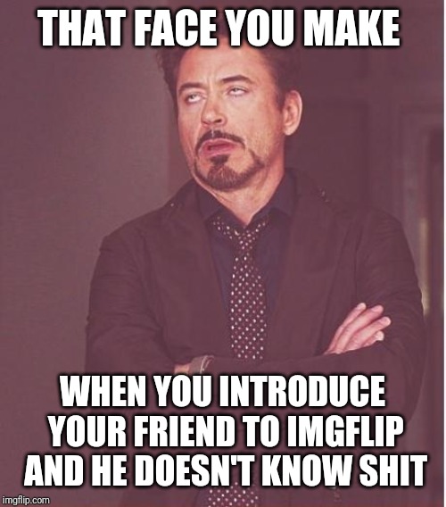 Face You Make Robert Downey Jr | THAT FACE YOU MAKE; WHEN YOU INTRODUCE YOUR FRIEND TO IMGFLIP AND HE DOESN'T KNOW SHIT | image tagged in memes,face you make robert downey jr | made w/ Imgflip meme maker